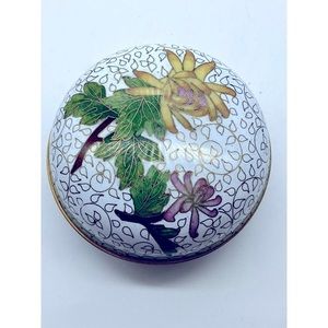 Jingfa Vintage enamel Cloisonne Trinket Box Painted Flowers + Labels
